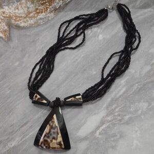 Beaded Black Triangle Statement Necklace With Animal Print Resin